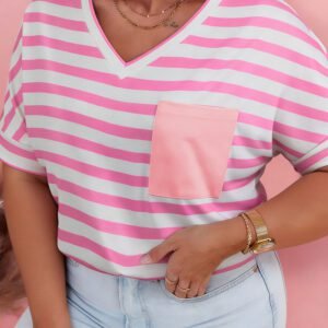 Pink Stripe Colorblock Patched Pocket V Neck Plus Size Tee