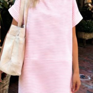 Pink Stripe Cuffed Short Sleeve Contrast Mock Neck Tee Dress