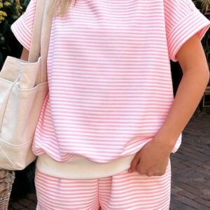 Pink Stripe Cuffed Sleeve Contrast Mock Neck Tee Casual 2pcs Short Set