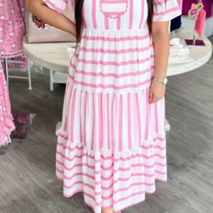Pink Stripe Plus Size V Neck Short Puff Sleeve Tiered Maxi Dress