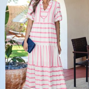 Pink Stripe Ricrac Trim Notched Neck Half Sleeve Vacation Dress