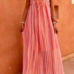 Pink Stripe Ruffled Straps Ribbon Knot Flowy Vacation Maxi Dress