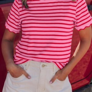 Pink Stripe Scalloped Trim Round Neck T Shirt