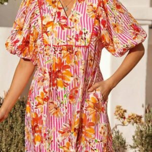 Pink Striped Floral Print Tie Neck Puff Sleeve Loose Mini Dress