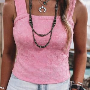 Pink Western Jacquard Square Neck Slim Tank Top