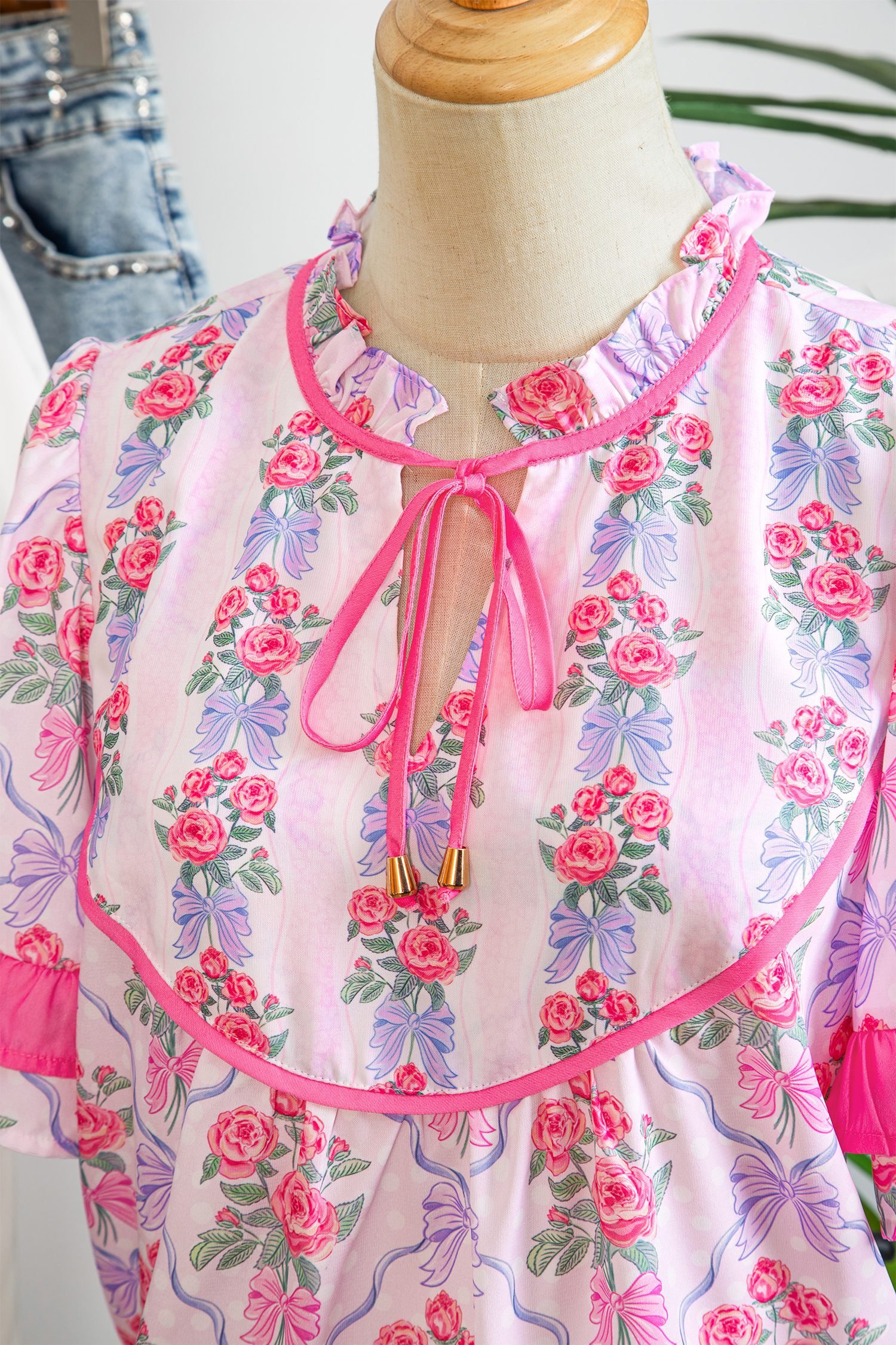 Purple Coquette Floral Bow Printed Contrast Ruffled Short Sleeve Blouse