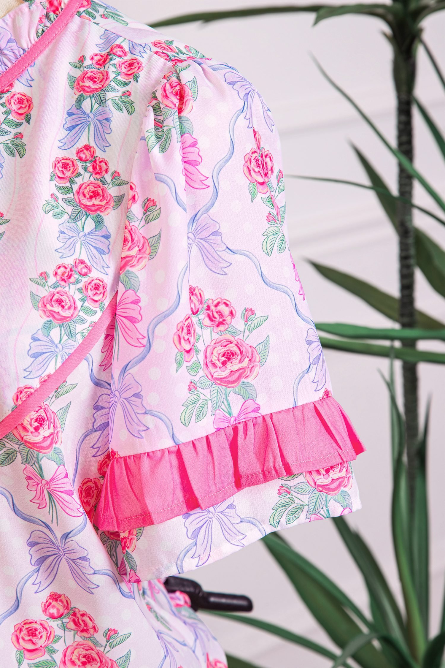 Purple Coquette Floral Bow Printed Contrast Ruffled Short Sleeve Blouse