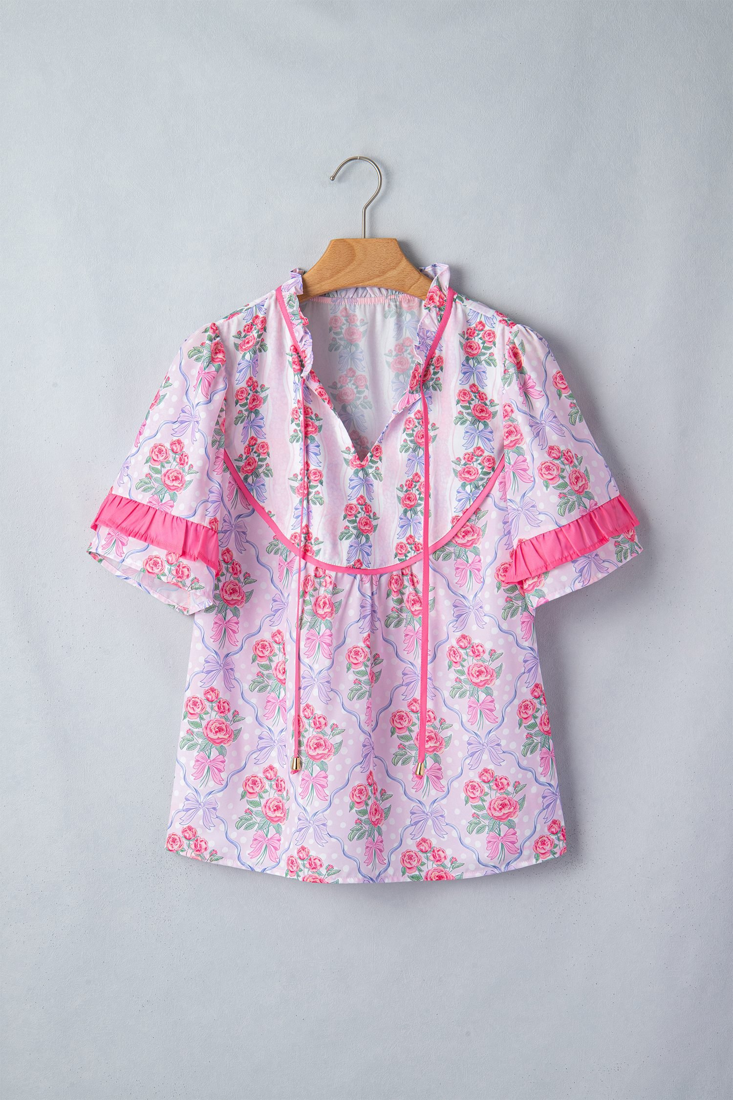 Purple Coquette Floral Bow Printed Contrast Ruffled Short Sleeve Blouse