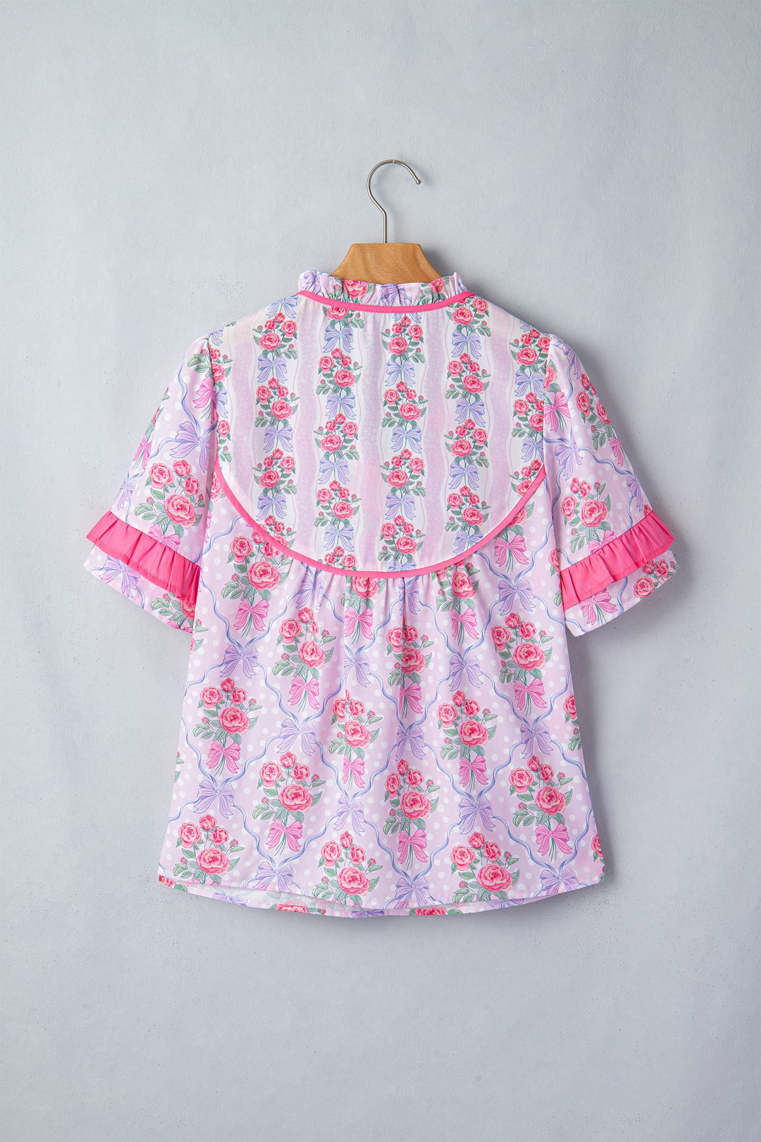 Purple Coquette Floral Bow Printed Contrast Ruffled Short Sleeve Blouse