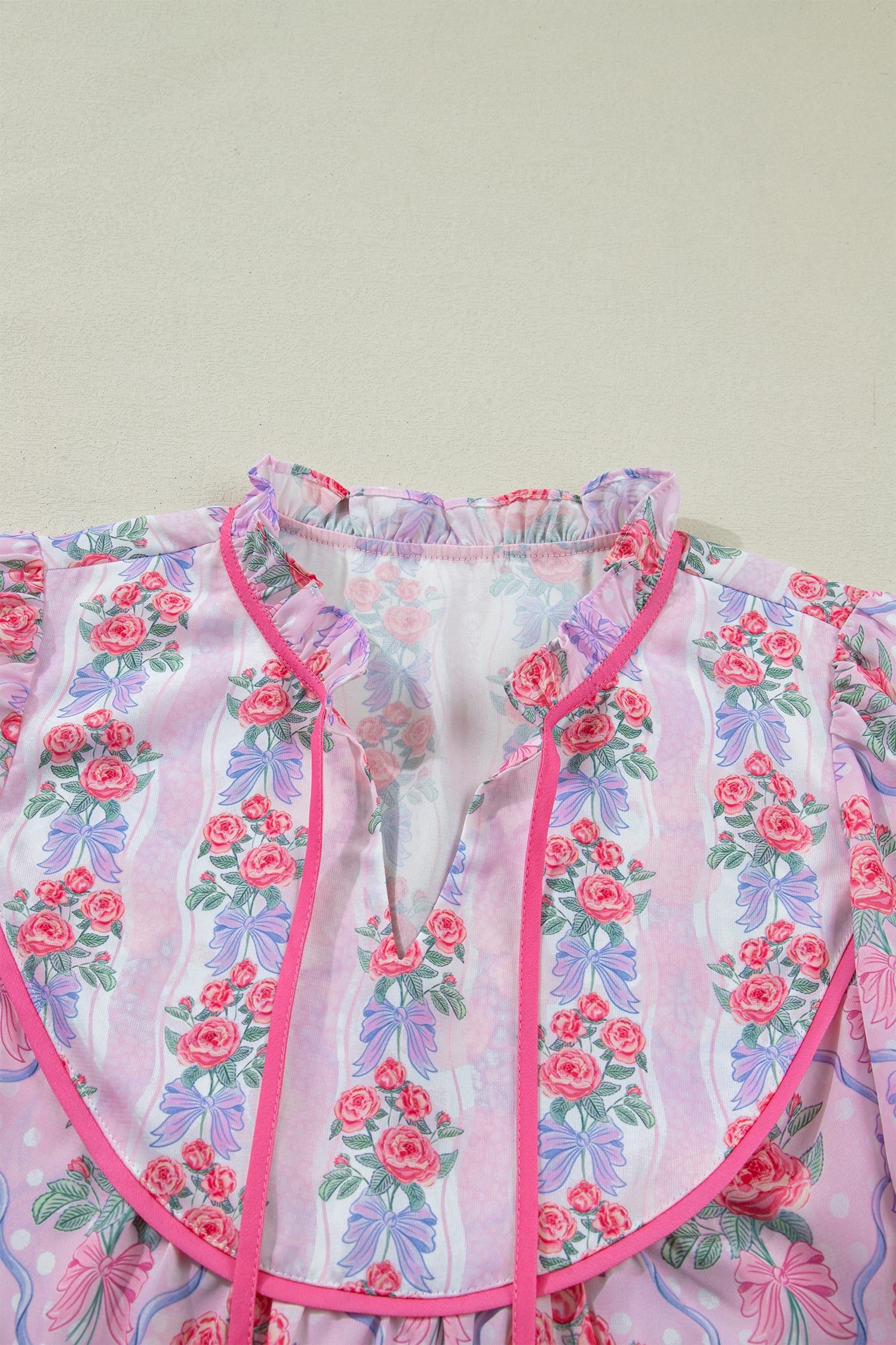 Purple Coquette Floral Bow Printed Contrast Ruffled Short Sleeve Blouse