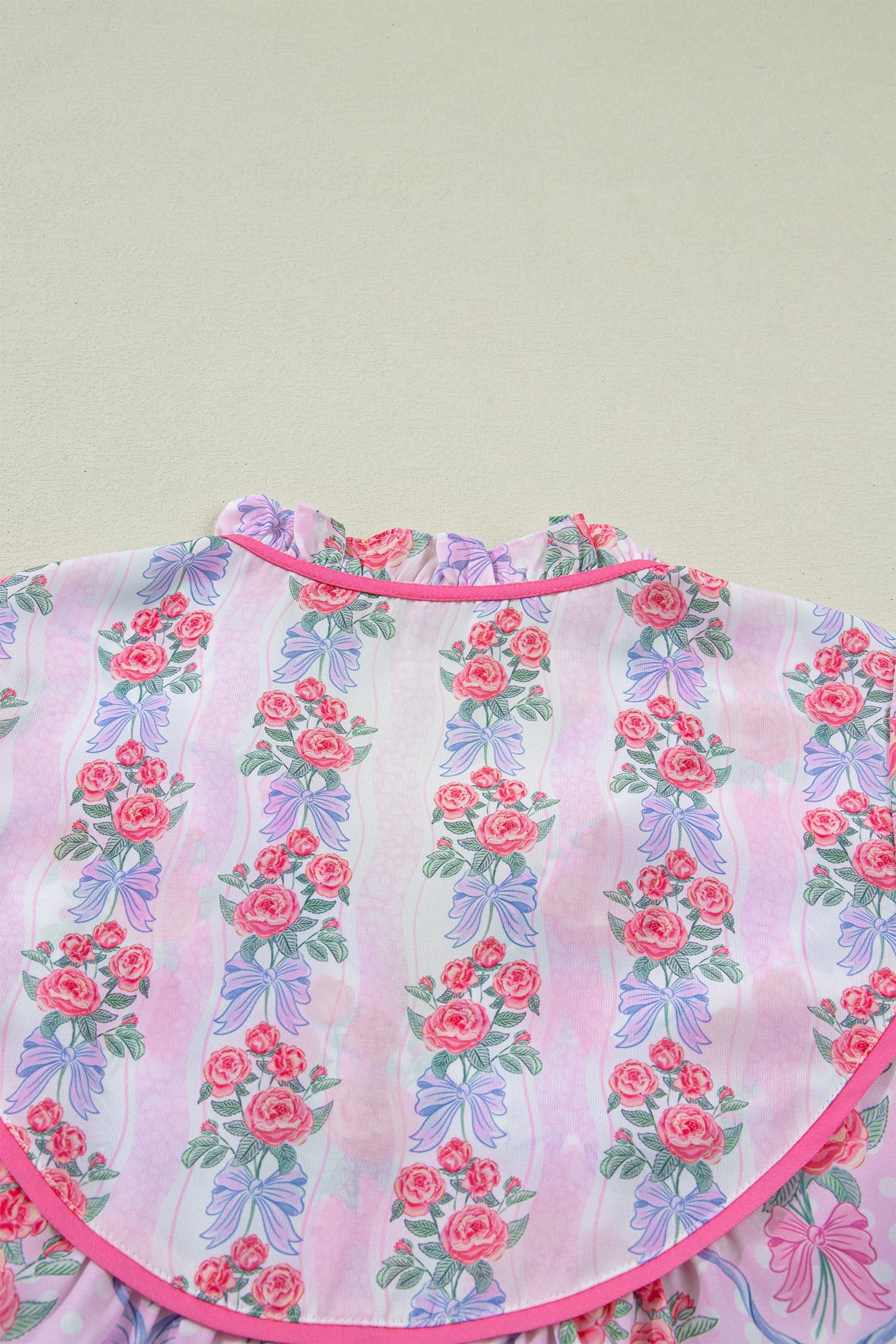 Purple Coquette Floral Bow Printed Contrast Ruffled Short Sleeve Blouse