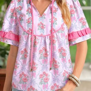 Purple Coquette Floral Bow Printed Contrast Ruffled Short Sleeve Blouse