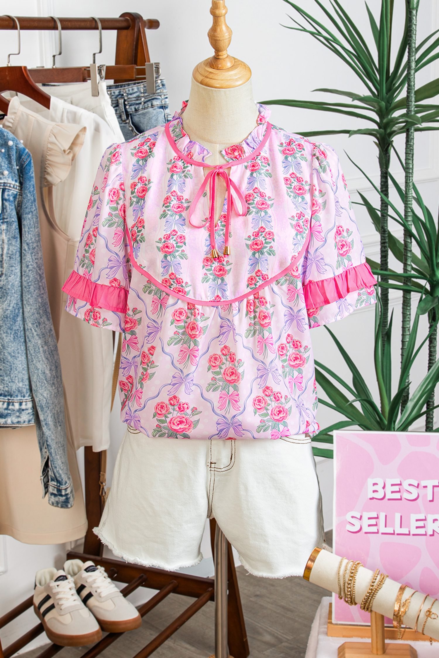Purple Coquette Floral Bow Printed Contrast Ruffled Short Sleeve Blouse