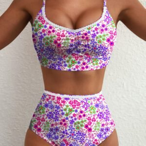 Purple Floral Print Lace Trim Spaghetti Strap Ruched Bikini High Waist Swimsuit