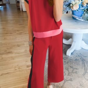 Racing Red Color Block Detail Casual Two-piece Set