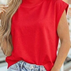 Racing Red Solid Color High Neck Cap Sleeve Loose Top
