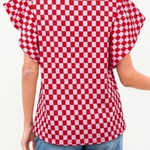 Red Checkered Print Ruffle Short Sleeve Contrast Trim Round Neck Top