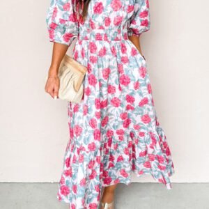 Red Elegant Floral Puff Sleeve Midi Dress