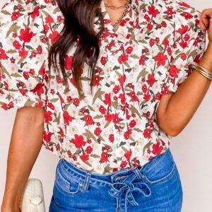 Red Floral Print Short Puff Sleeve Button Front Shirt