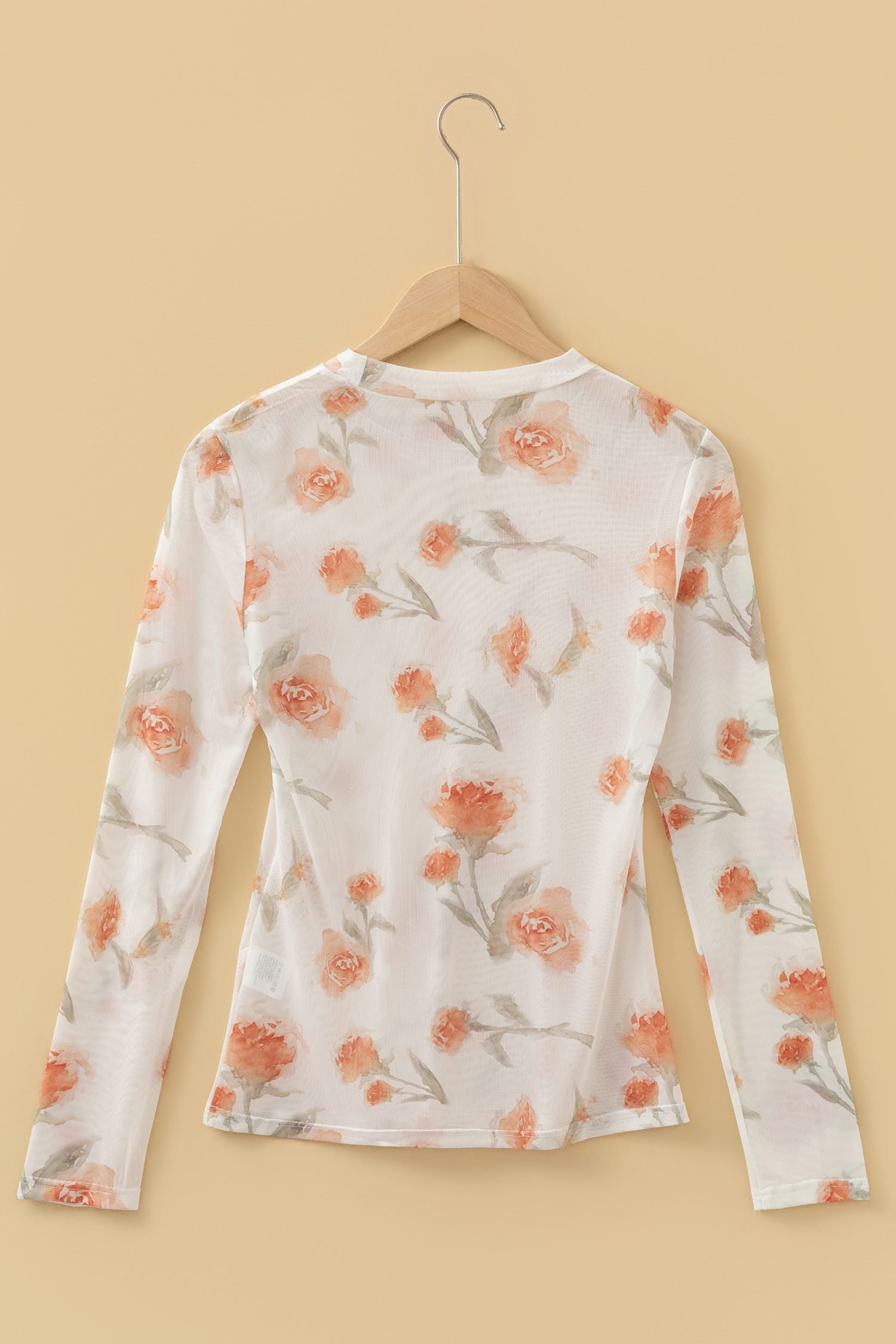 Red Plus Size Floral Print Sheer Mesh Long Sleeve Top