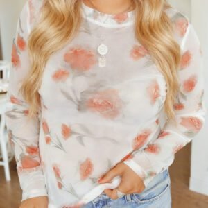 Red Plus Size Floral Print Sheer Mesh Long Sleeve Top