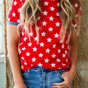 Red Stars Print Colorblock Binding Tape Collar Cuff Viscose Tunic Top