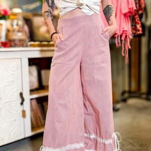 Red Stripe Contrast Lace Ribbon Tie Detail Wide Leg Pants
