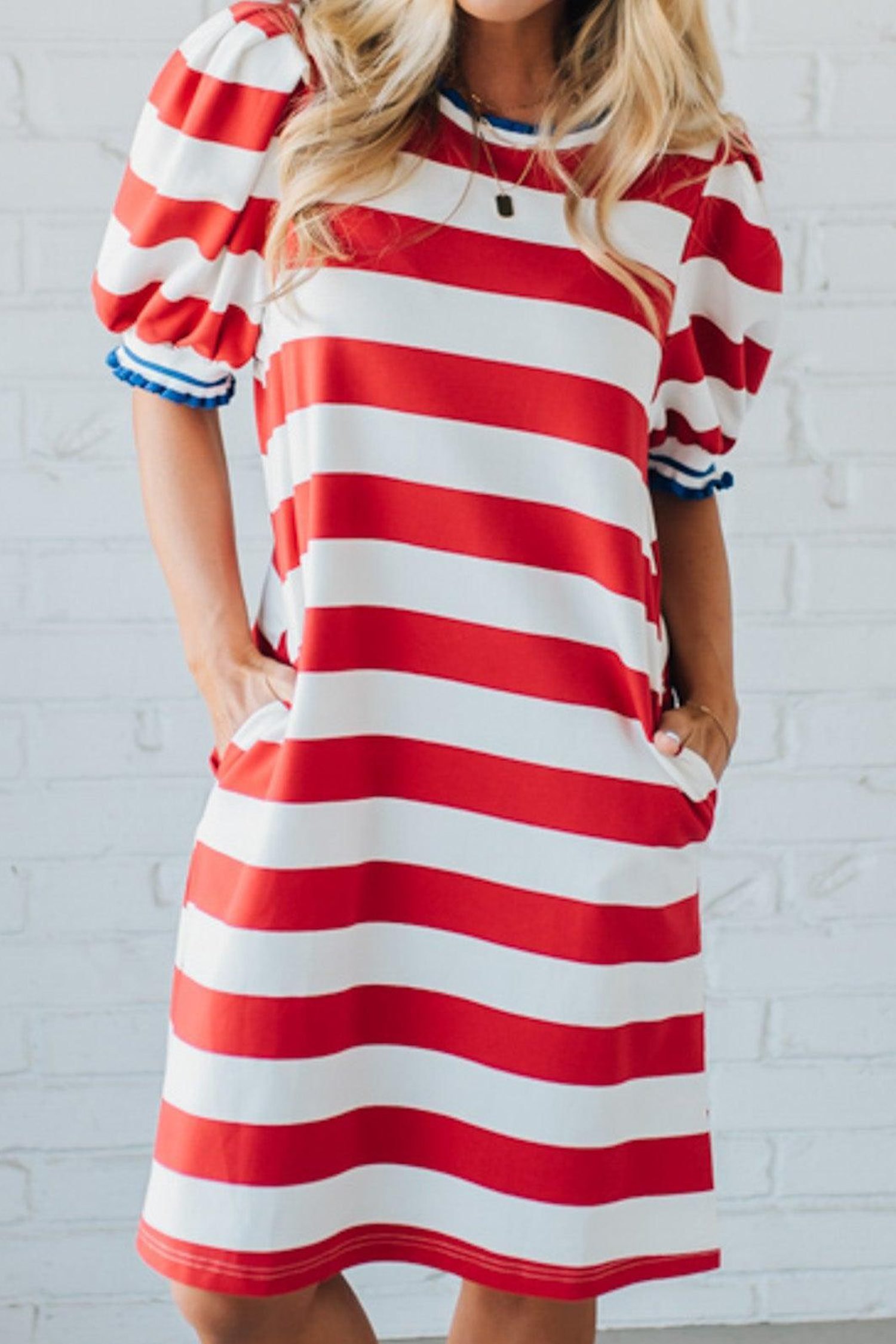 Red Stripe Contrast Trim Round Neck Short Puff Sleeve Shift Dress