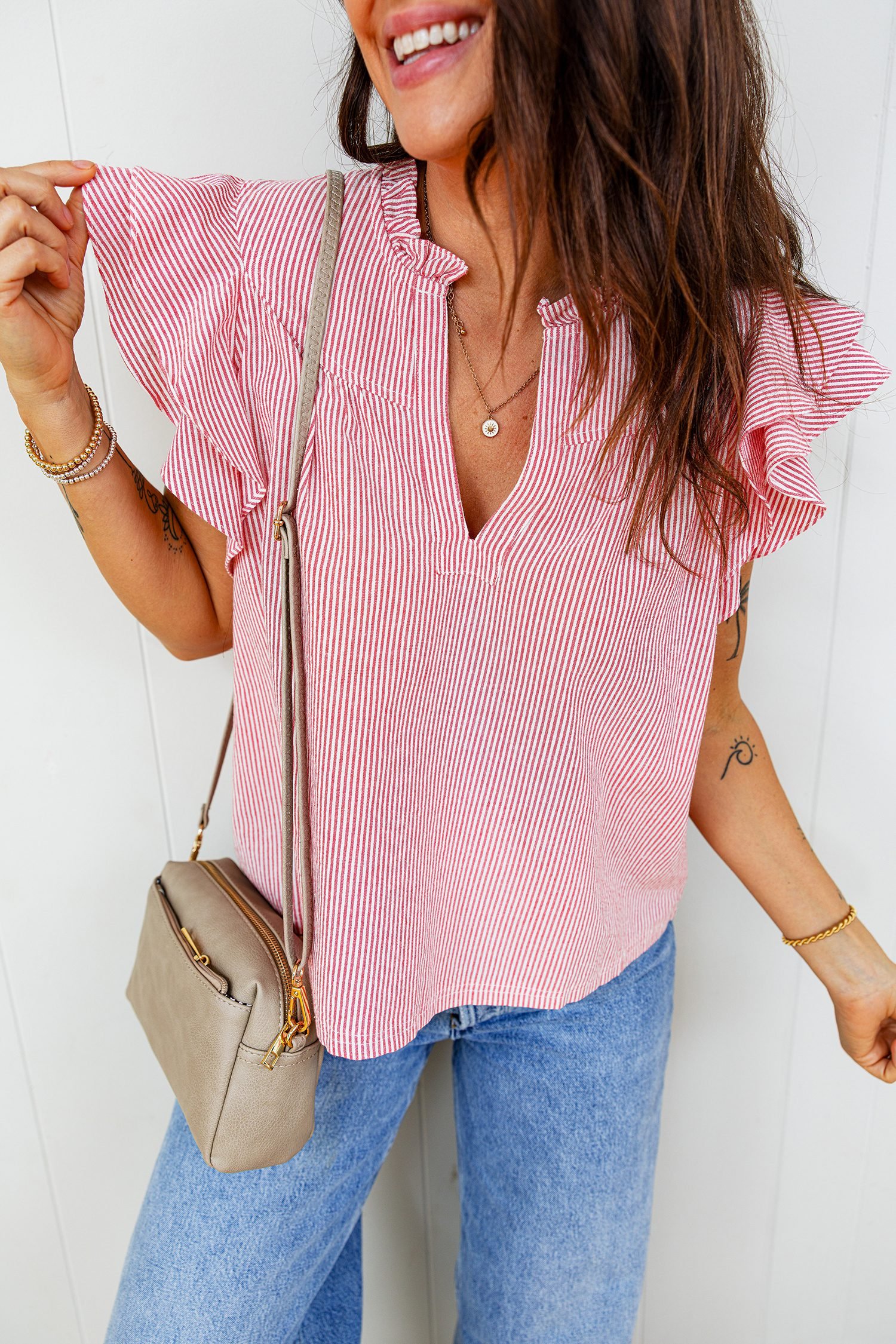 Red Stripe Frilly Split Neck Double Ruffled Short Sleeve Blouse