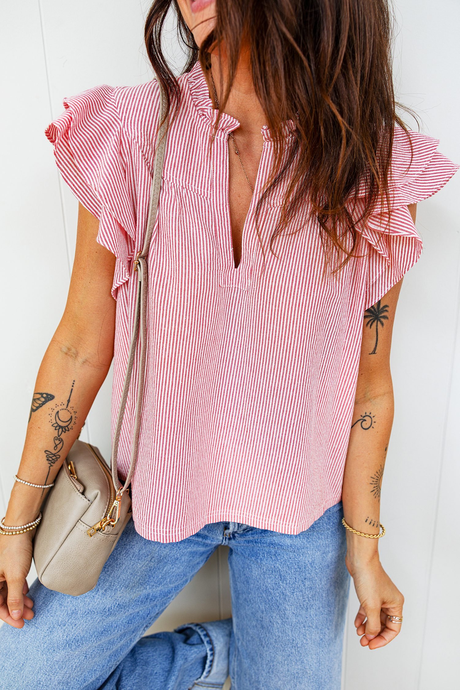 Red Stripe Frilly Split Neck Double Ruffled Short Sleeve Blouse