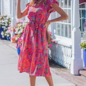 Rose Flutter Sleeve Belted Floral Long Dress
