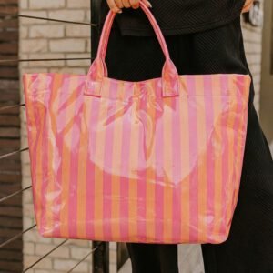 Rose Red Glossy Striped Vinyl Large Tote Bag