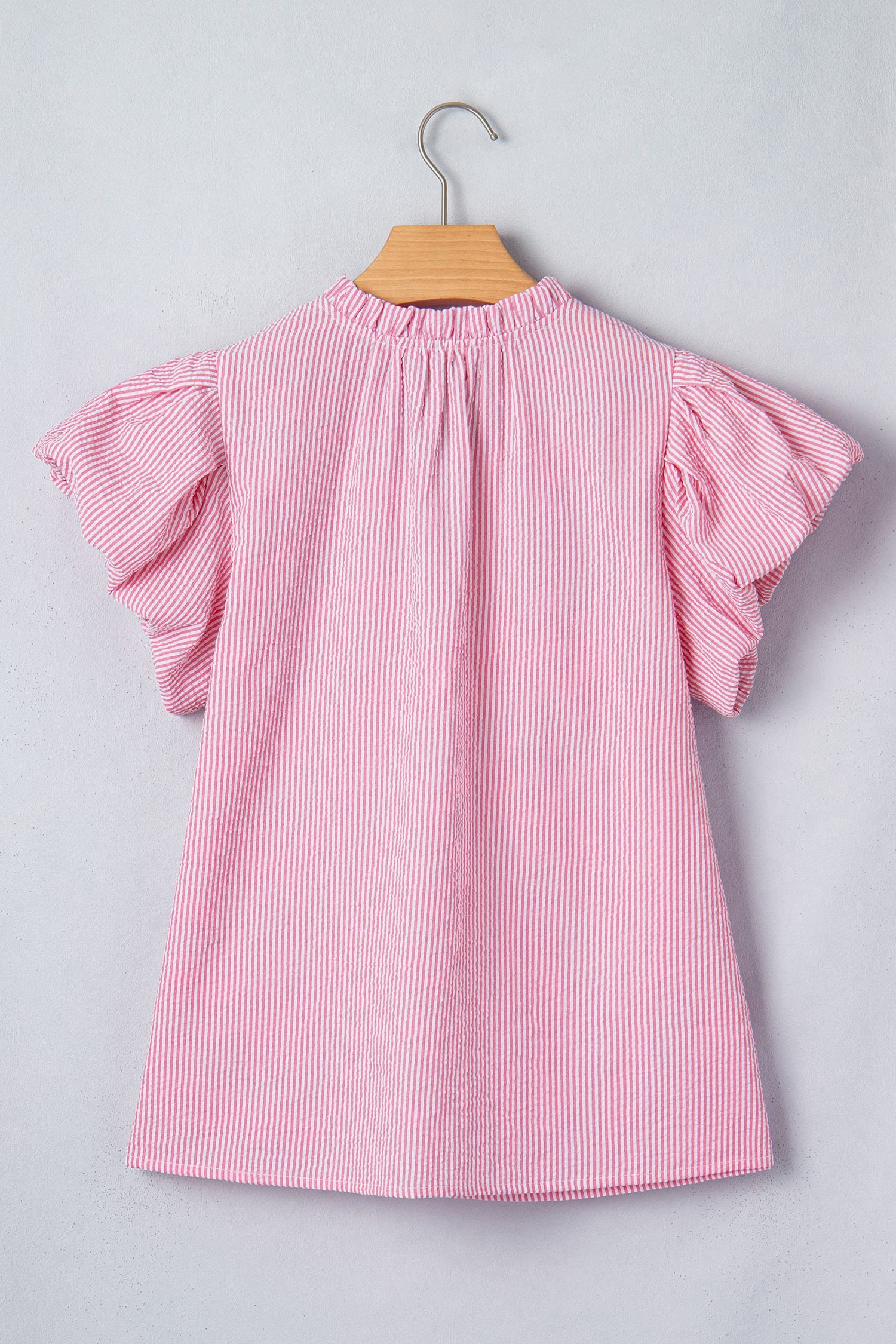 Rose Stripe Short Bubble Sleeve Split V Neck Blouse