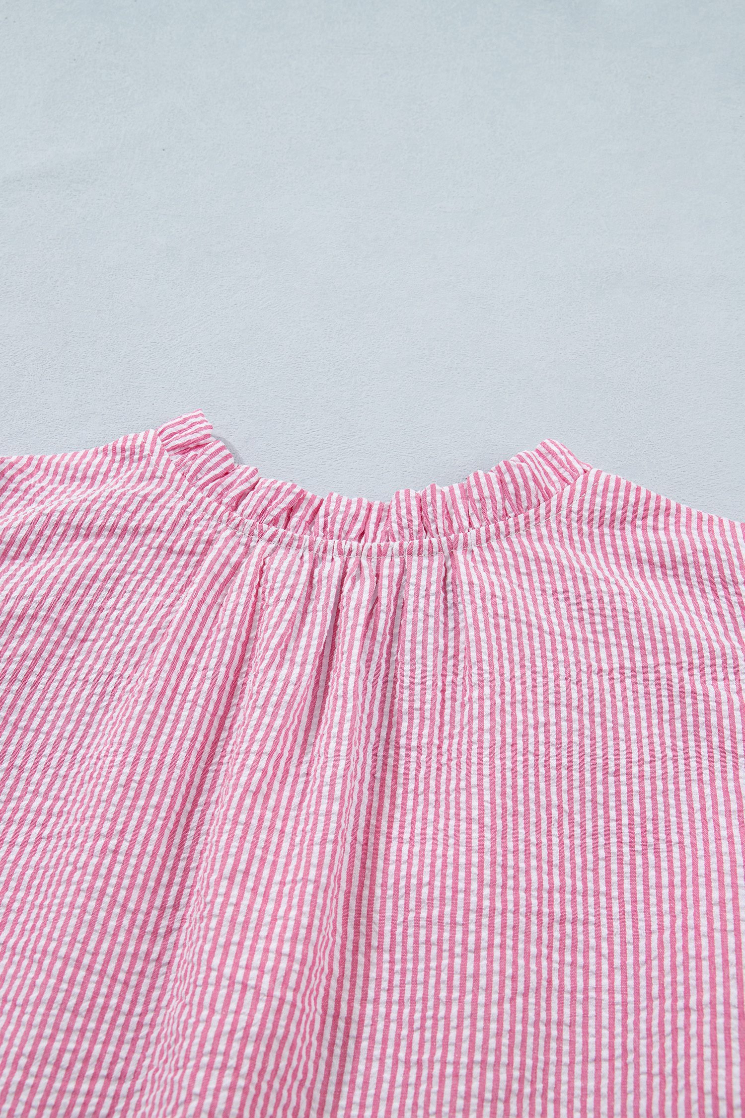 Rose Stripe Short Bubble Sleeve Split V Neck Blouse