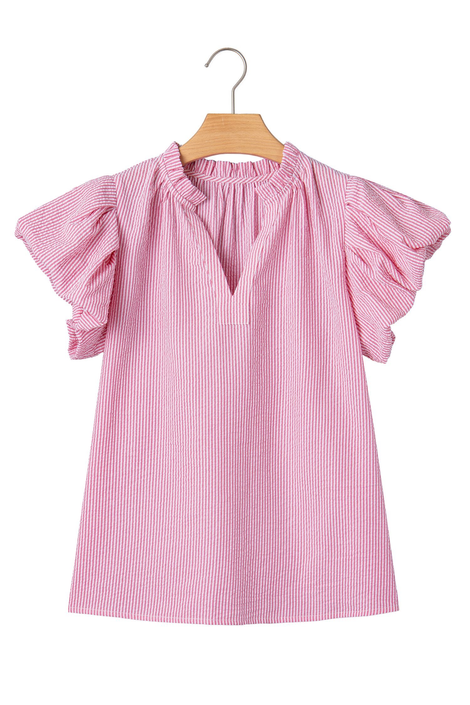 Rose Stripe Short Bubble Sleeve Split V Neck Blouse