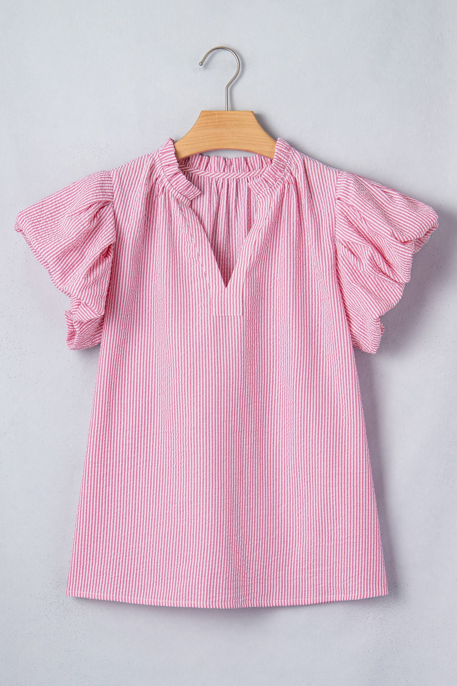 Rose Stripe Short Bubble Sleeve Split V Neck Blouse