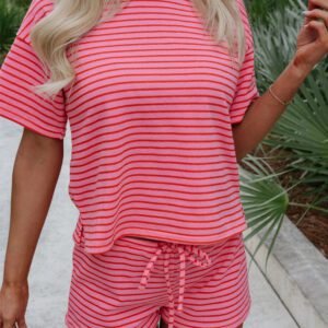 Rose Stripe Side Split Knit Tee Drawstring Shorts Set