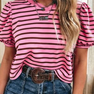 Rose Stripe Striped V-Neck Ribbed Collar Cuff Gathering Puff Sleeve Top