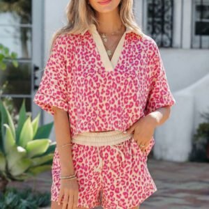 Rose V Neck Collar Leopard Printed 2pcs Short Set