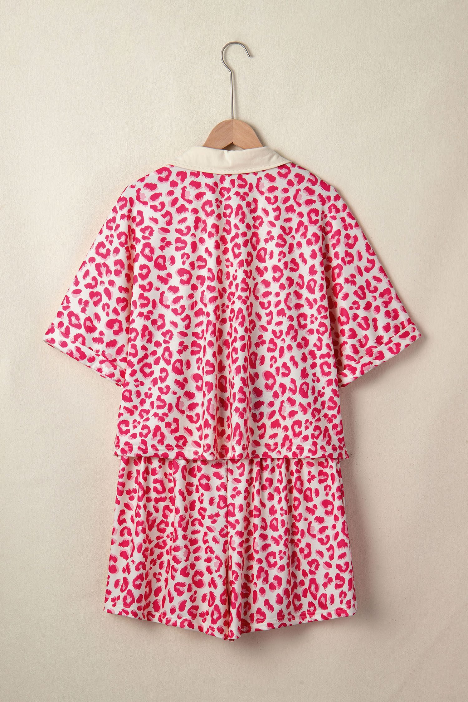 Rose V Neck Collar Leopard Printed 2pcs Short Set