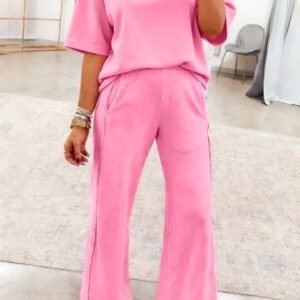 Sachet Pink Solid Cover Oversize Tee Pocketed Casual Pants 2pcs Outfit