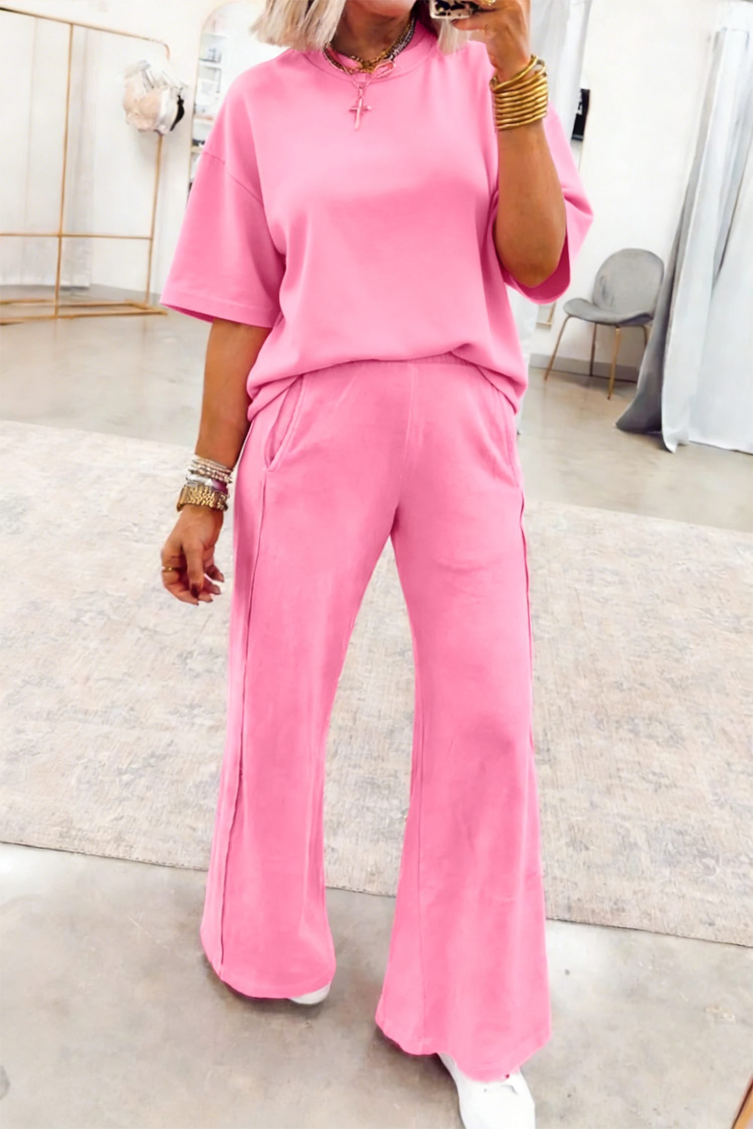 Sachet Pink Solid Cover Oversize Tee Pocketed Casual Pants 2pcs Outfit