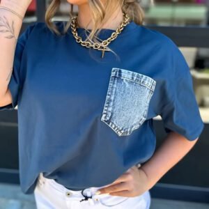 Sail Blue Color Block Chest Pocket Patched Casual Short Sleeve Top