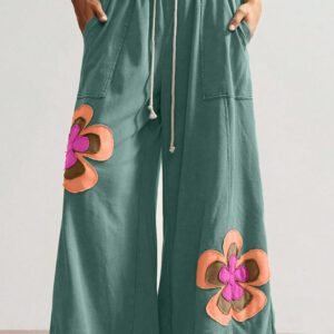 Sea Green Color Block Flower Patchwork Drawstring Contrasted Elastic Waist Wide Leg Pants