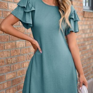 Skobeloff Solid Color Round Neck Double Ruffle Short Sleeve Dress