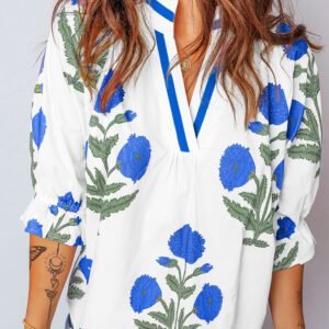 Sky Blue Casual Wild Flower Print V Neck 3/4 Sleeve Blouse