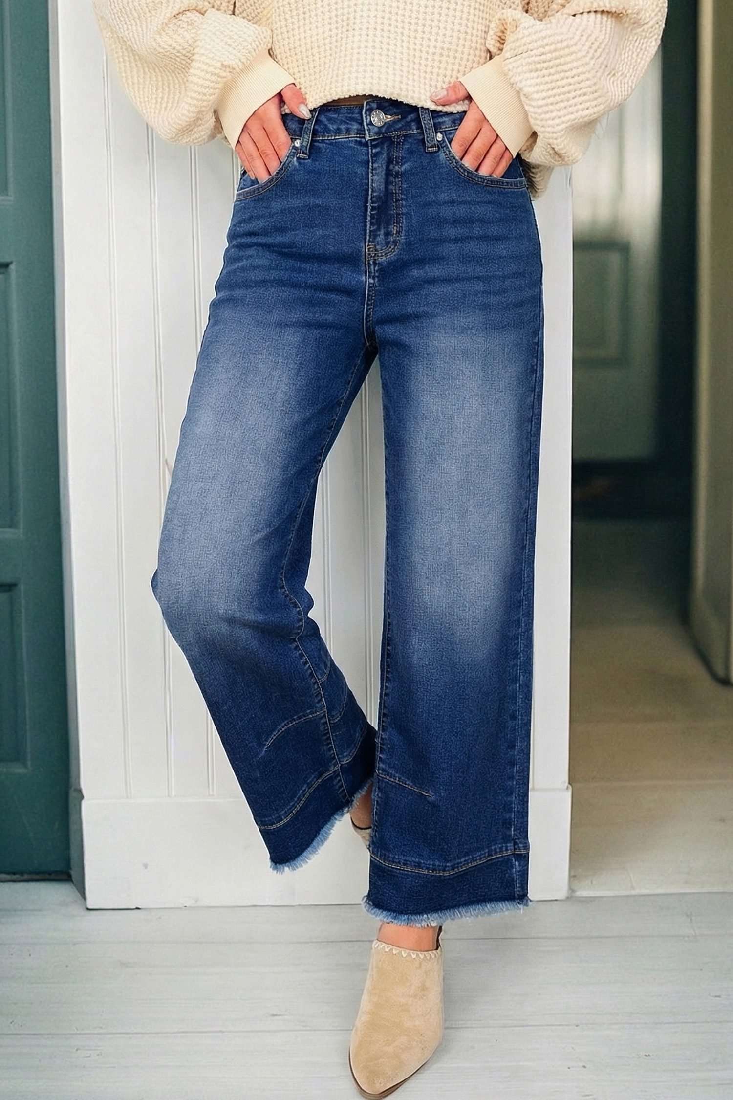 Sky Blue Chic Seam Detail Raw Hem Ankle Length Jeans