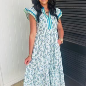 Sky Blue Cute Sunflower Printed Striped Patchwork Trim Flutter Sleeve Long Dress