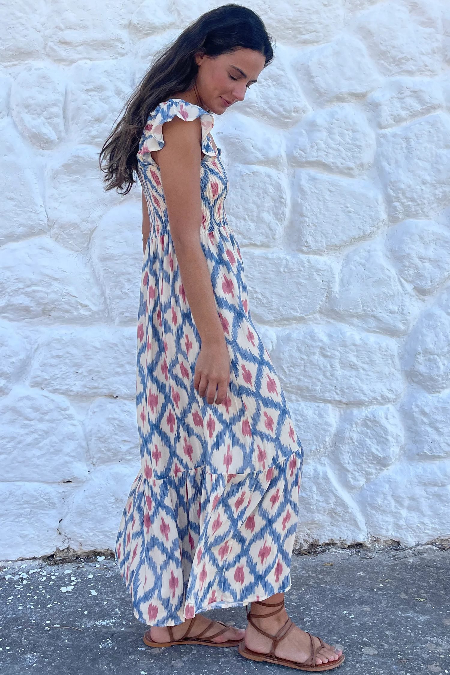 Sky Blue Ethnic Geometric Print Square Neck Smocked High Waist Ruffle Sleeve Dress