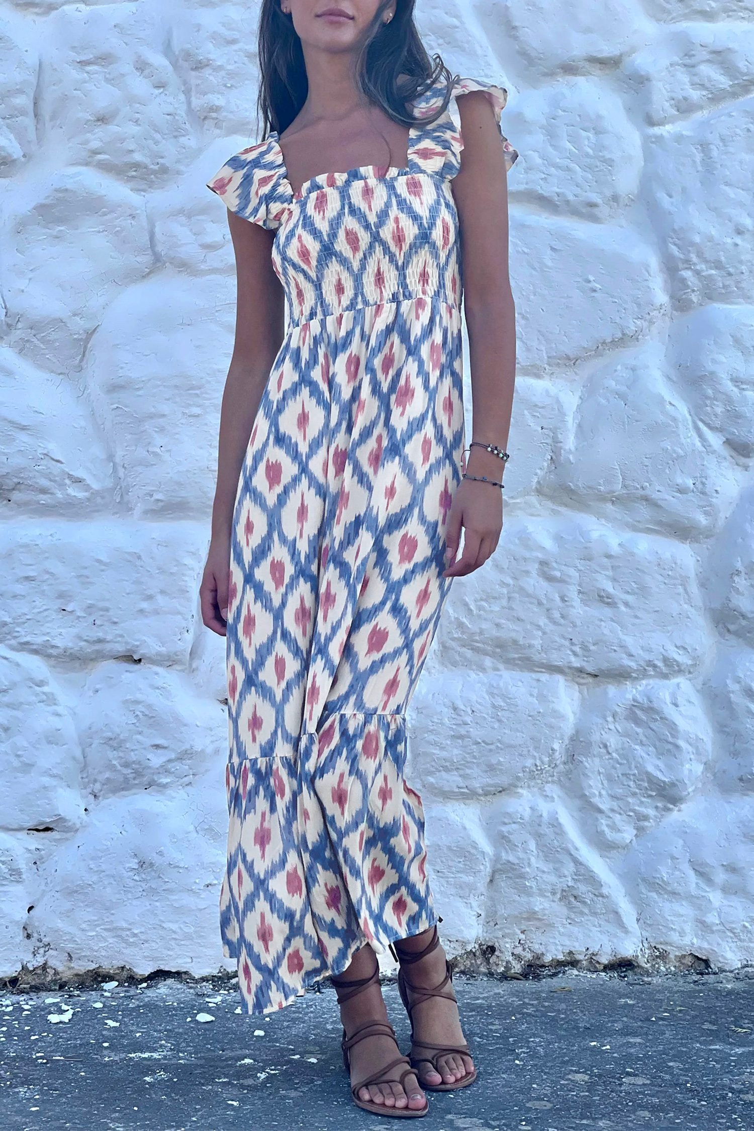 Sky Blue Ethnic Geometric Print Square Neck Smocked High Waist Ruffle Sleeve Dress